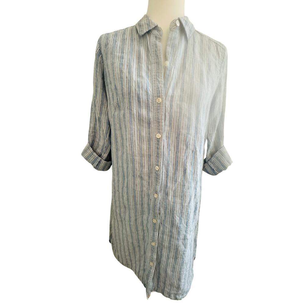 J. Jill Linen Striped Shirt Dress SP Blue White Button Front Casual Chic Travel